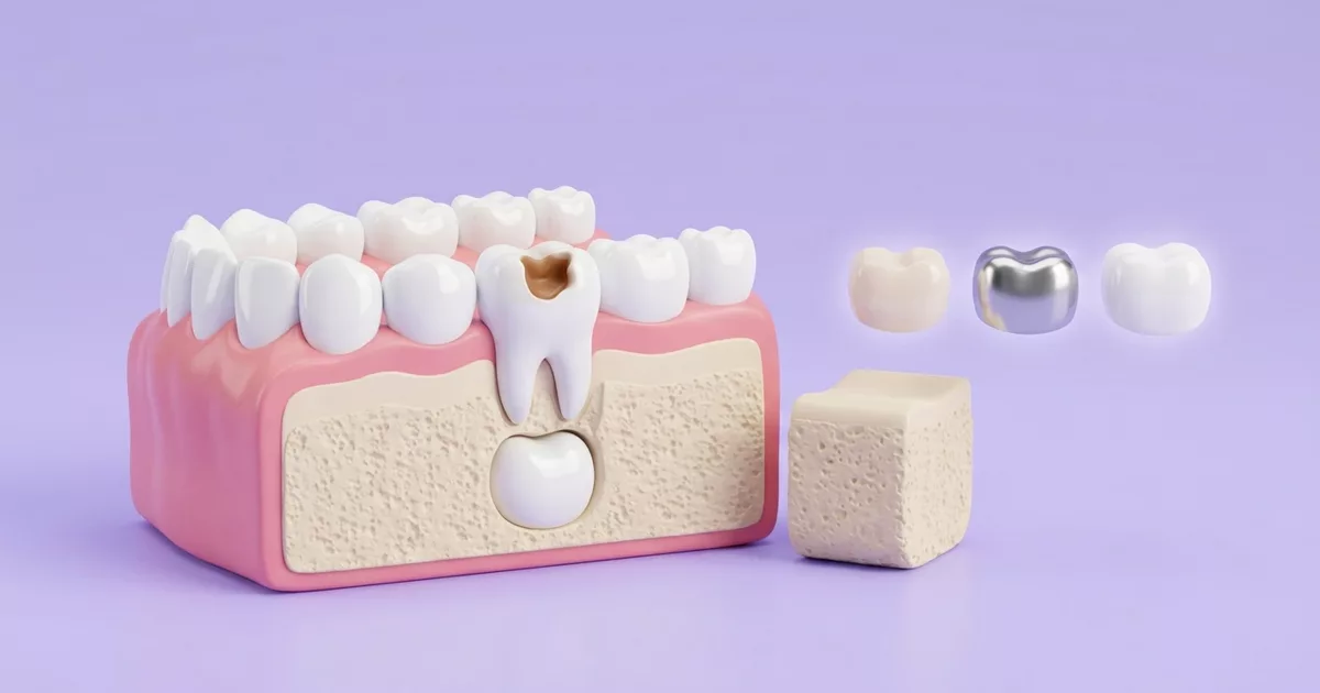 Ilustración de una muela de leche con caries y el diente permanente esperando debajo, junto a una resina, una corona de acero y una corona blanca