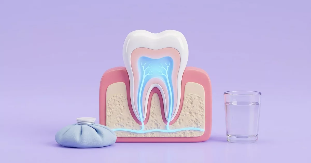 Ilustración de una muela en corte con el nervio adormecido en azul, junto a una compresa fría y un vaso de agua