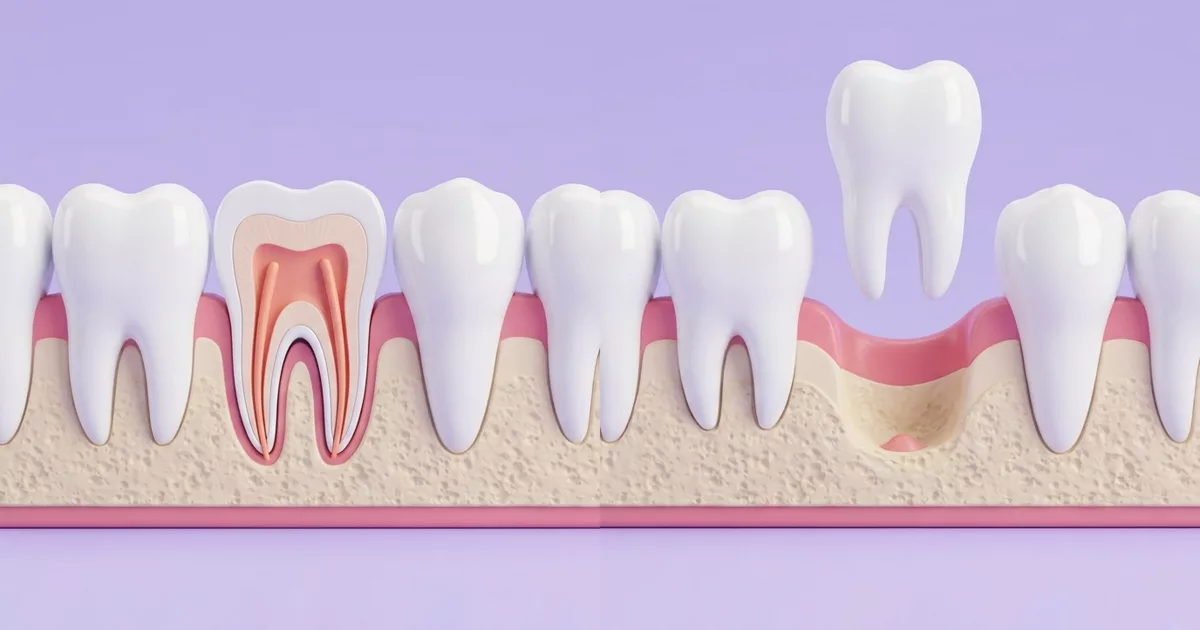 Ilustración de dos caminos: una muela con endodoncia que se queda en su lugar y, a su lado, el hueco que deja una muela extraída