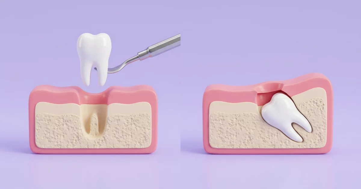 Ilustración comparativa: una muela que sale completa de su lugar en una extracción simple y una muela del juicio atrapada en el hueso que requiere cirugía