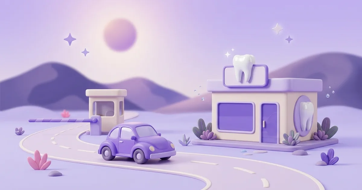 Ilustración de un auto que pasa la garita y llega a un consultorio dental con un diente en el letrero, con montañas del desierto al fondo