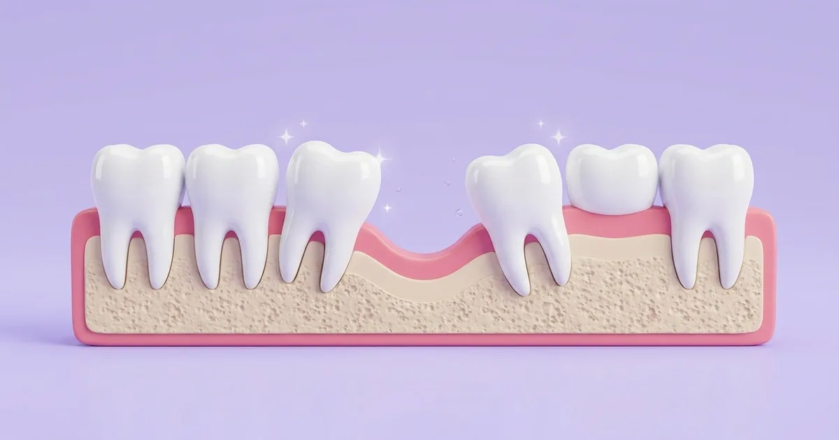 Ilustración de una encía con una muela faltante: los dientes vecinos se inclinan hacia el hueco y el hueso de abajo se hunde