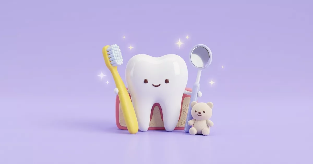Ilustración de un diente sonriente con un cepillo de dientes, un espejo dental y un osito de peluche