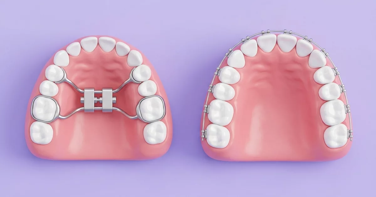 Ilustración comparativa: arcada infantil con un expansor en el paladar y arcada con dientes permanentes y brackets