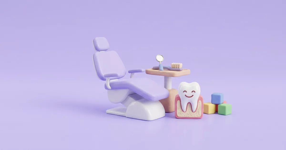 Ilustración de un consultorio dental infantil en miniatura: sillón pequeño, espejo, cepillo, un diente sonriente y bloques de juguete
