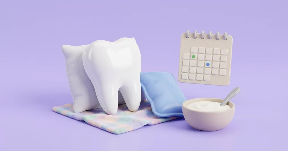 Ilustración de recuperación en casa: una almohada con forma de muela, compresa fría, un tazón de yogur y un calendario con algunos días marcados