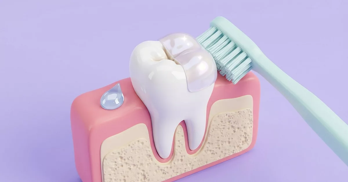 Ilustración de una muela con la mitad de sus surcos cubiertos por un sellador brillante y un cepillo de dientes al lado