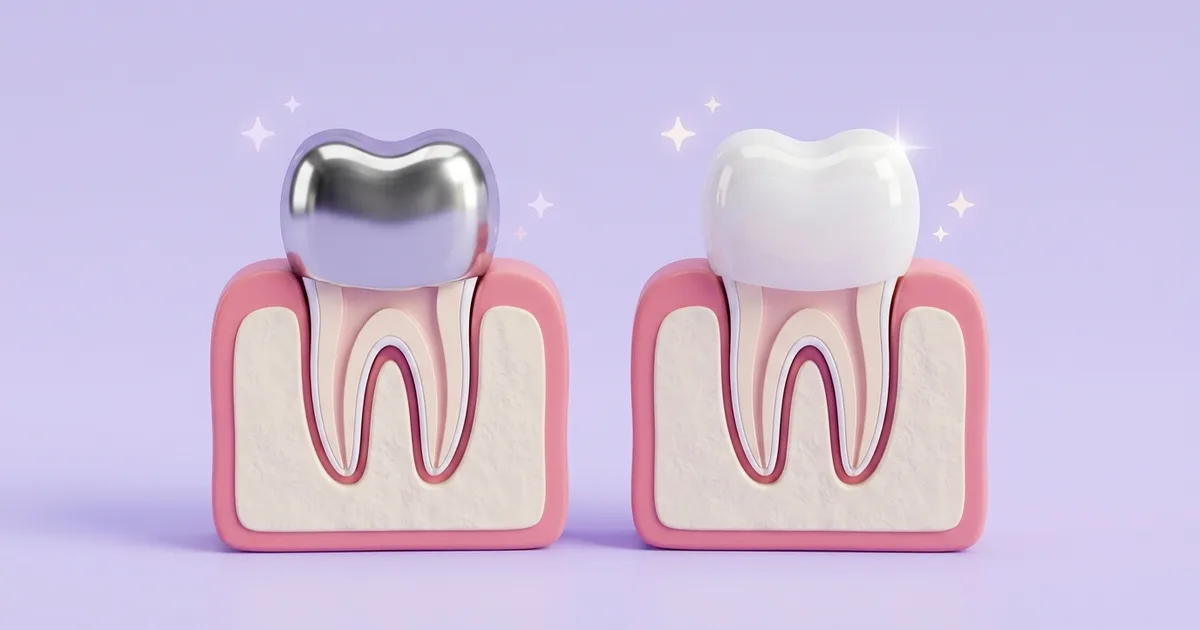 Ilustración de dos muelas de leche con corona: una de acero inoxidable plateada y otra de zirconia blanca