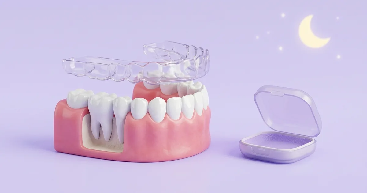 Ilustración de una guarda oclusal transparente hecha a medida sobre los dientes, junto a su estuche y una luna de fondo